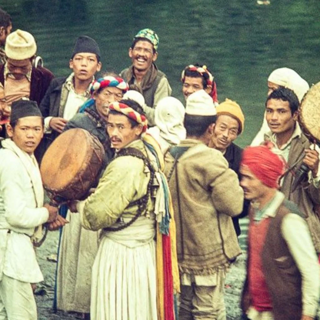 Rai people of eastern Nepal in traditional dress in a village setting