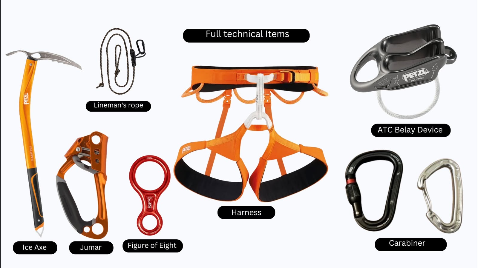 technical-climbing-gear-ice-axe-harness-jumar-carabiner-nepal